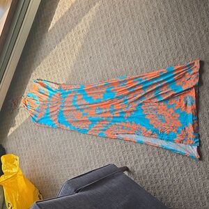 Teal and orange maxi dress size medium spring summer pattern halter top m blue